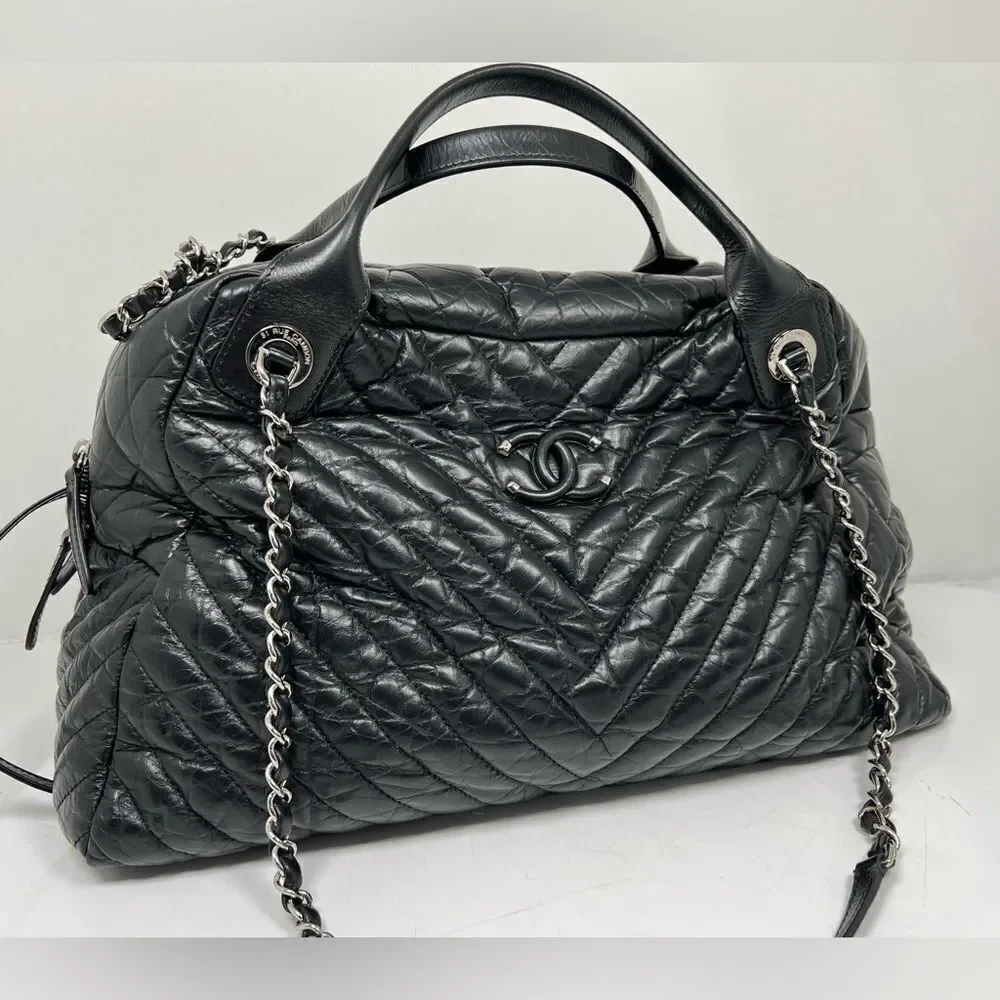 Chanel Soft Bowling Bag Chevron Aged Claf Skin Large Bag